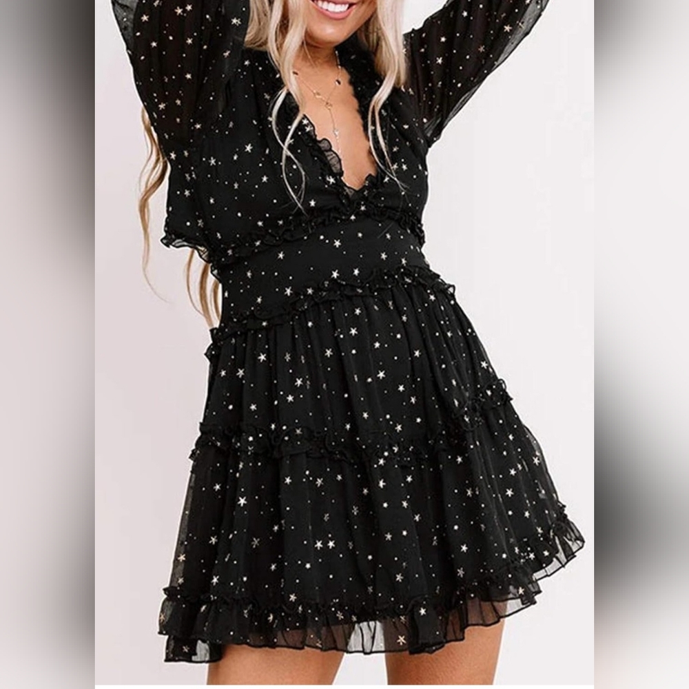 Eytino Black Stars Printed Deep V Neck Long Sleeve Ruffle Mini Dress